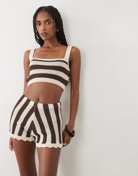 ASOS DESIGN – Brunrandiga, virkade shorts, del av set - view 1