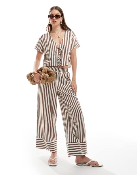 ASOS DESIGN – Brunrandigt set i poplin med knytning - view 1