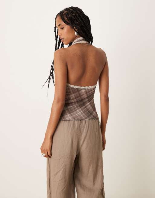 ASOS DESIGN – Brunrutig topp i mesh med djup halterneck och spetskant, 4 av 4