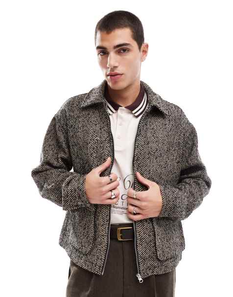 ASOS DESIGN – Brunspräcklig harrington-jacka i ullimitation och oversize - view 1