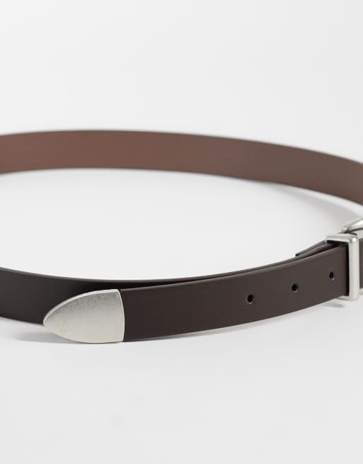 ASOS DESIGN – Brunt, extra smalt skärp med silverfärgat, rundat spänne och metallspets, 3 av 3