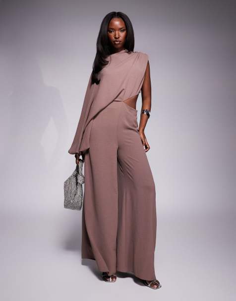 ASOS DESIGN - Brunt oneshoulder-jumpsuit med blouson-ærmer og udskæring - view 1