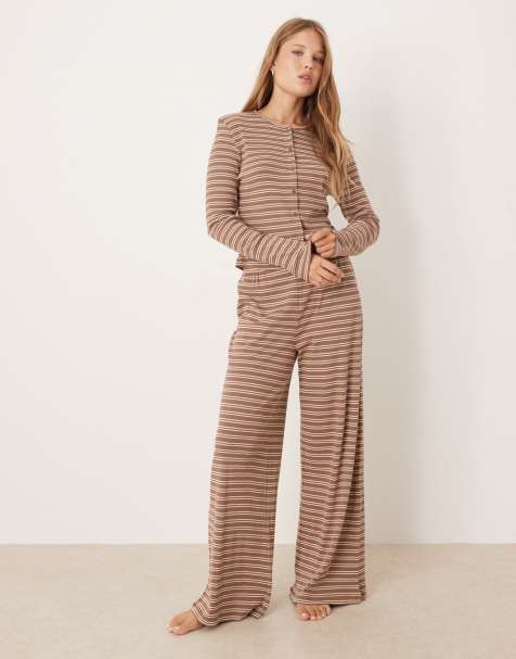 ASOS DESIGN – Brunt, ribbat loungewearset med randigt mönster - view 1