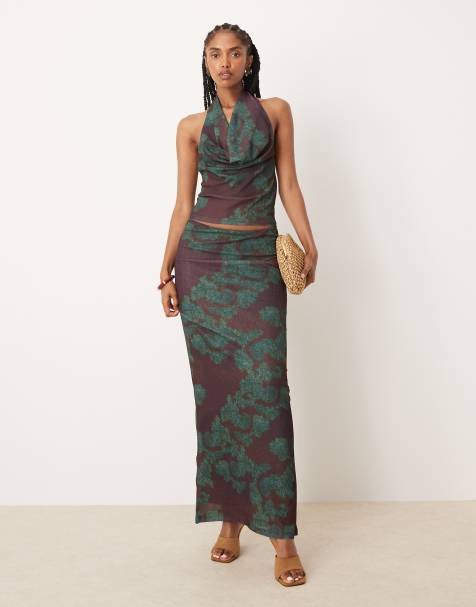 ASOS DESIGN – Brunt, set i mönstrad, tunn mesh med topp med drapering och kjol - view 1