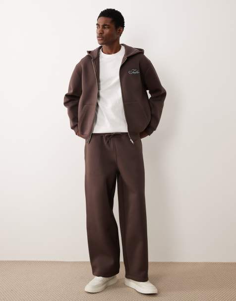 ASOS DESIGN – Brunt set med avslappnad huvtröja med dragkedja och broderi och mjukisbyxor - view 1
