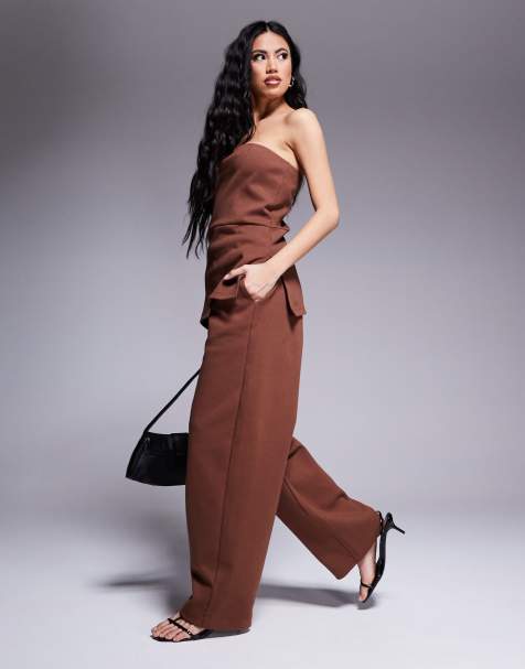 ASOS DESIGN – Brunt set med bandeau-topp och byxor med struktur och interlocksömmar - view 1
