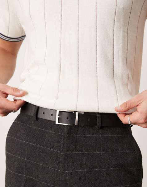 ASOS DESIGN – Brunt, svart och vändbart bälte i läderimitation med silverspänne - view 1