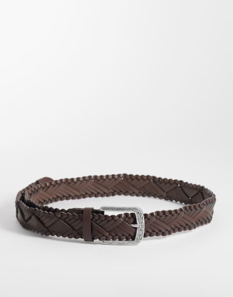 ASOS DESIGN – Brunt, vävt skärp i läderimitation med silverfärgat spänne i cowboystil - view 1