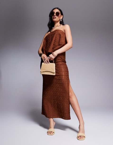 ASOS DESIGN – Brunt, virkat set i ledig passform med bandeautopp och midaxikjol - view 1