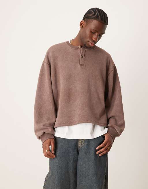 ASOS DESIGN – Bruntvättadm, boxig tröja i oversize med sänkt axelsöm och henleykrage