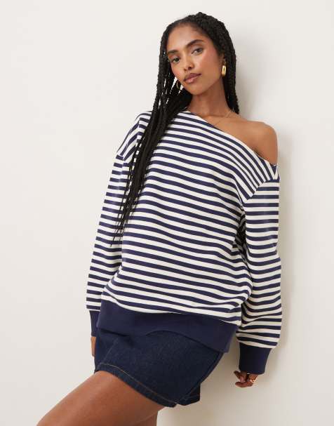 ASOS DESIGN - Brushback sweatshirt met blote schouders in marineblauwe streep - view 1