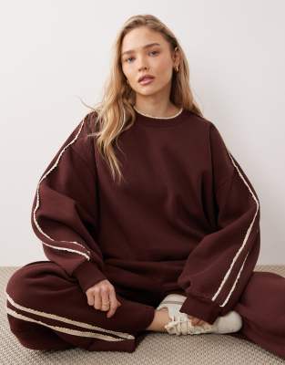 Asos Design Brushback Sweatshirt With Crochet Lace Detail In Brown