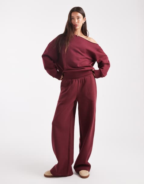 ASOS DESIGN brushback wide leg brushback jogger in burgundy - view 1