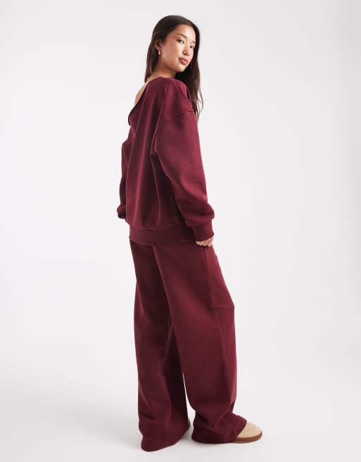 ASOS DESIGN brushback wide leg brushback jogger in burgundy