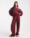 [ASOS DESIGN] ASOS DESIGN brushback wide leg brushback trackies in burgundy-Red M Burgundy