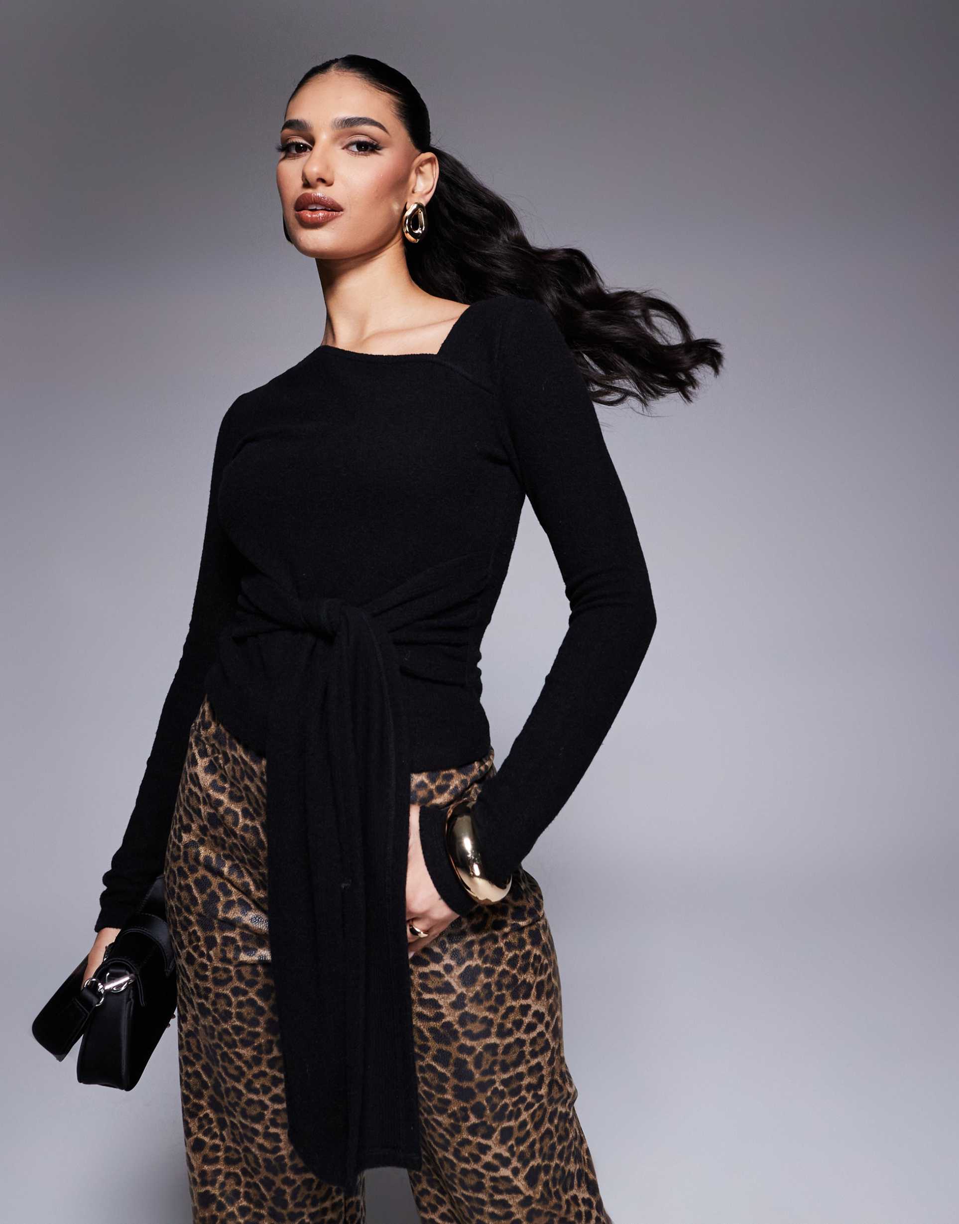 asos design brushed asymmetric neck long sleeve top with tie waist detail black