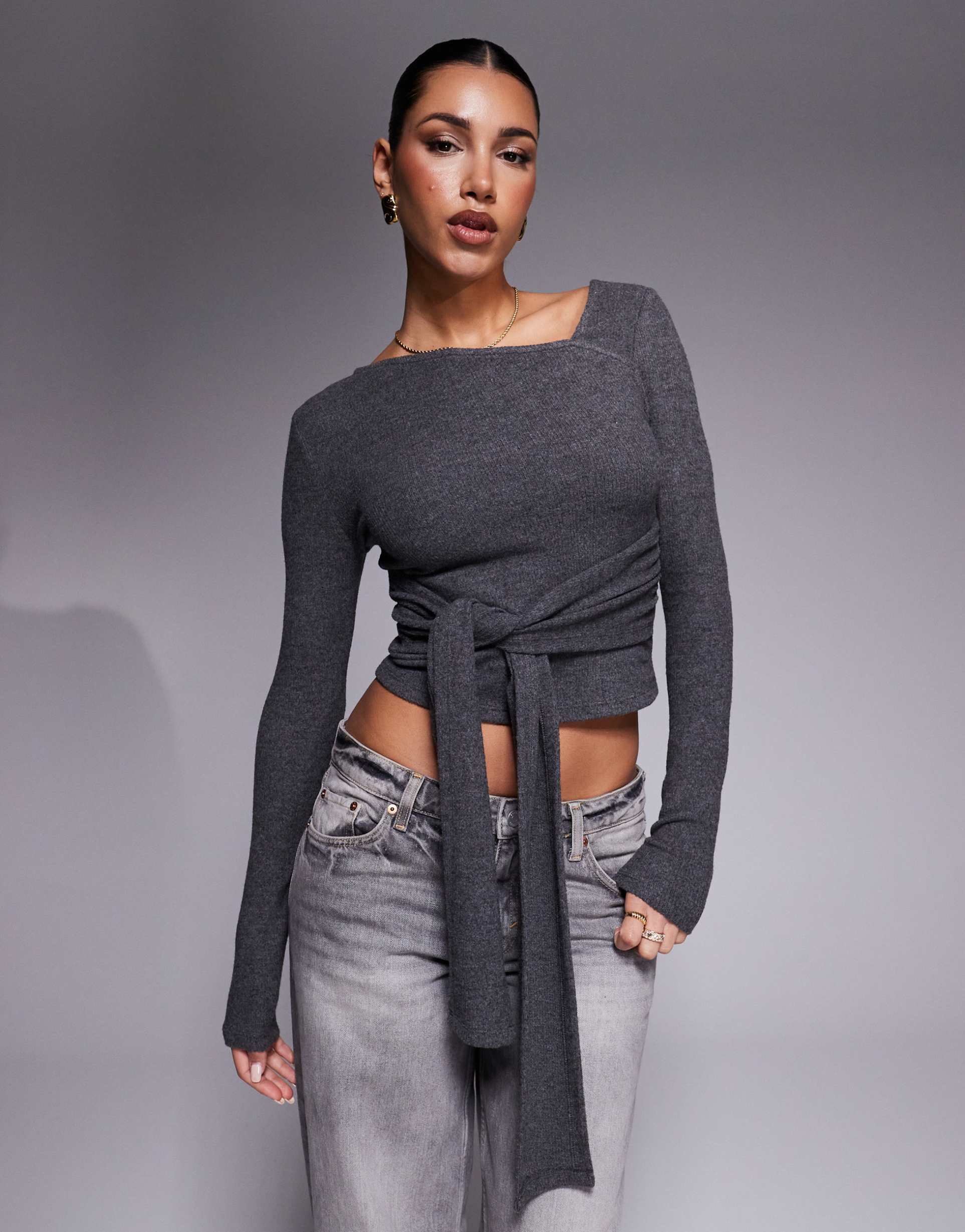 asos design brushed asymmetric neck long sleeve top with tie waist detail in charcoal