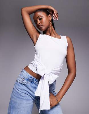 Asos Design Brushed Asymmetric Neck Short Sleeve Top With Tie Waist Detail In Pink