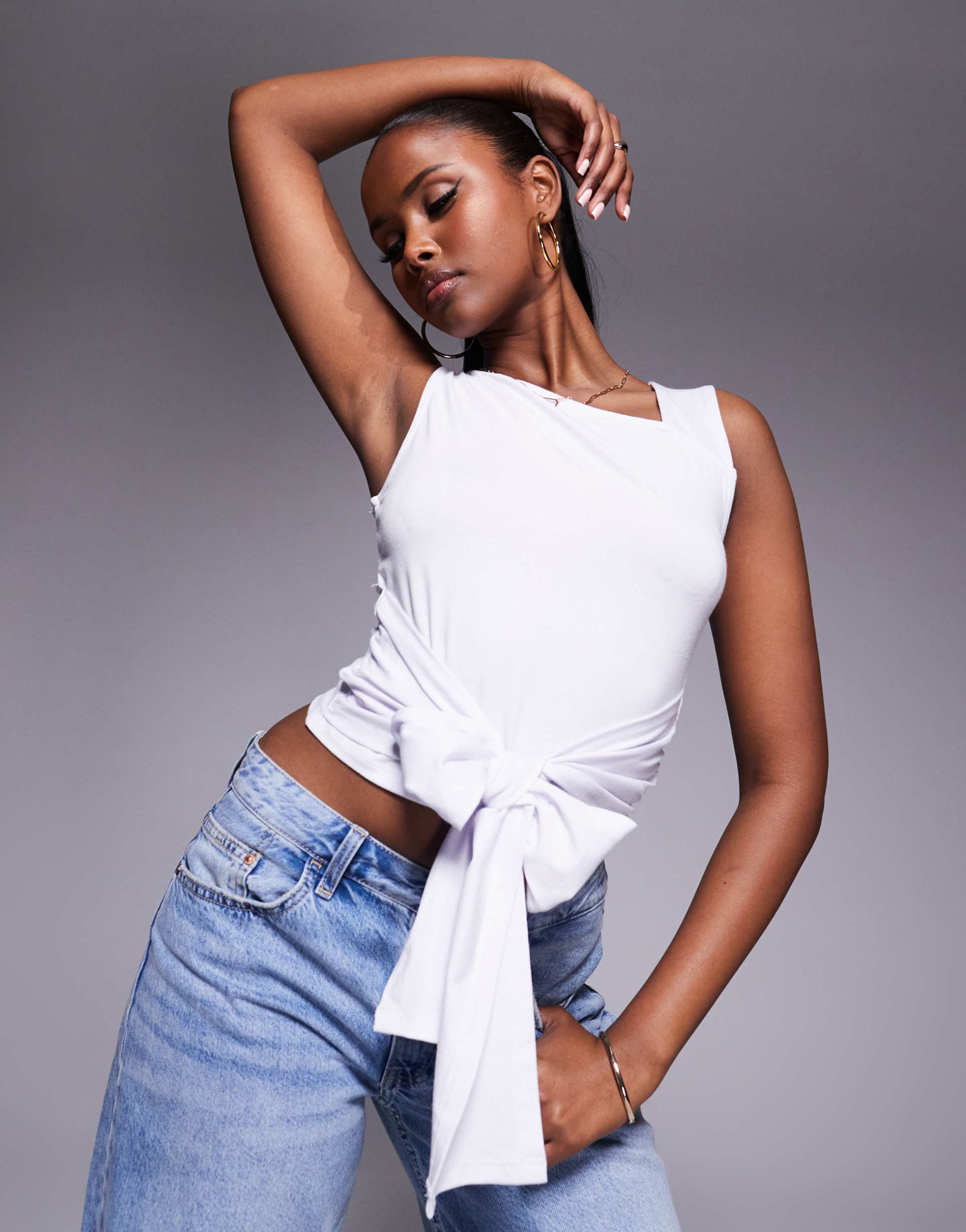 asos design brushed asymmetric neck short sleeve top with tie waist detail in white