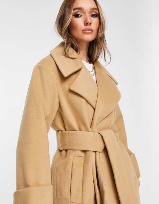 ASOS DESIGN brushed belted coat in brown