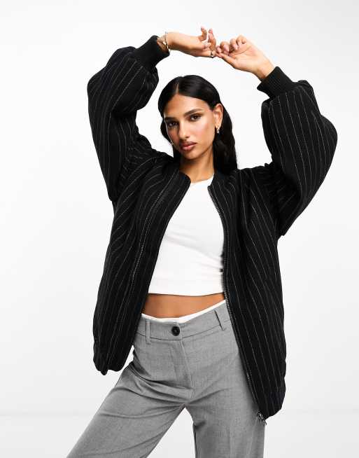 ASOS DESIGN brushed bomber jacket in black pinstripe