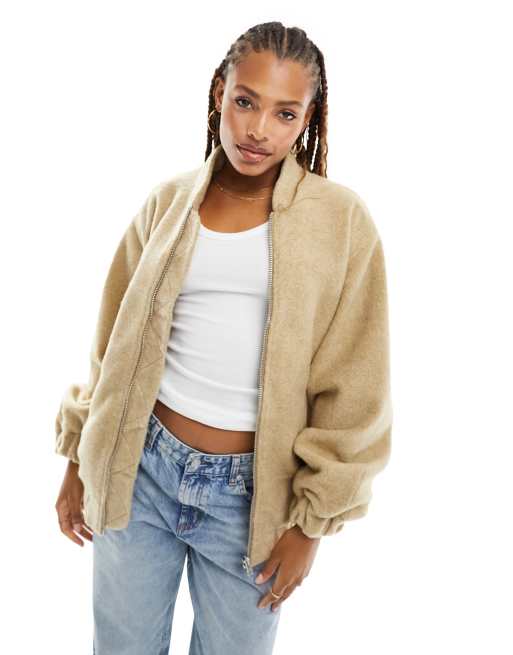 ASOS DESIGN fleece coat with contrast stitching in camel