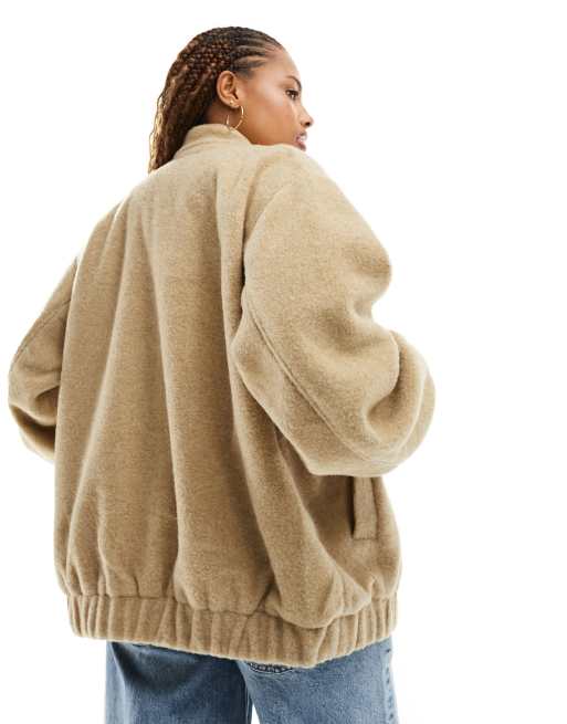 ASOS DESIGN fleece coat with contrast stitching in camel