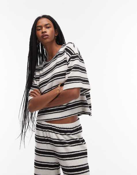 ASOS DESIGN brushed boxy cropped t-shirt in white and black stripe - view 1