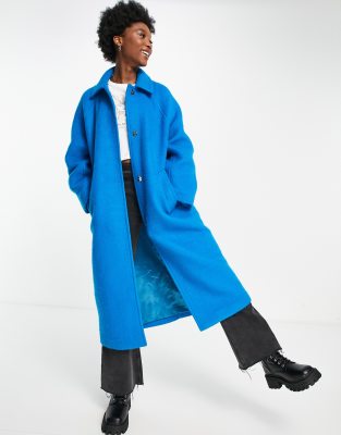 ASOS DESIGN brushed boyfriend coat in pop blue-Blues