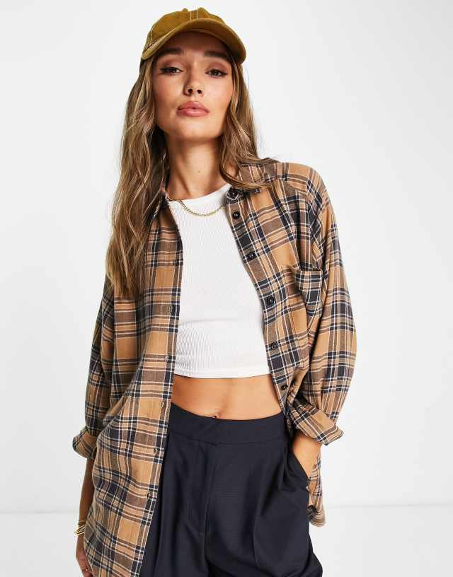 ASOS DESIGN brushed boyfriend shirt with pocket in camel check