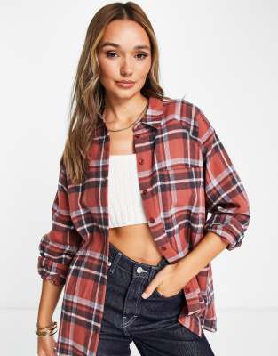 ASOS DESIGN brushed boyfriend shirt with pocket in red & black check