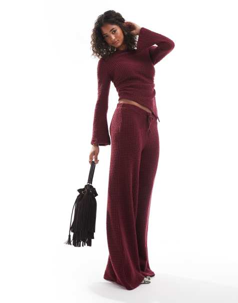 ASOS DESIGN brushed bubble flute sleeve top and trouser co ord in burgundy - view 1