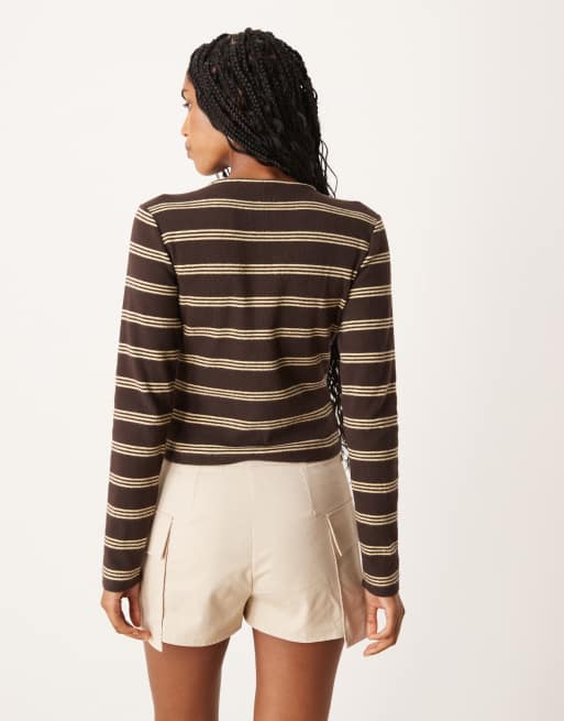 ASOS DESIGN brushed stripe button through top in brown stripe