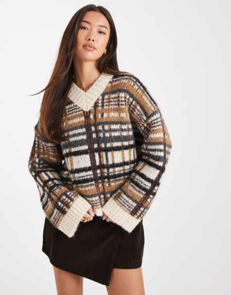 ASOS DESIGN brushed check high v jumper in mocha - view 1