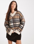 [ASOS DESIGN] ASOS DESIGN brushed check high v jumper in mocha-Brown M Mocha