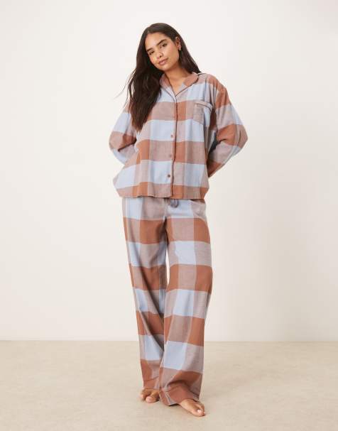 ASOS DESIGN brushed check oversized shirt and trouser pyjama set in brown & blue - view 1