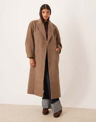 Asos Design Brushed Coat With Dome Sleeve And Skinny Belt In Brown