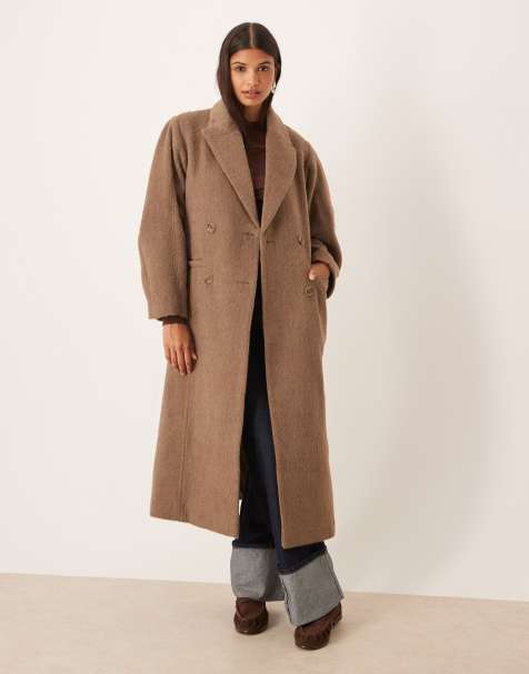 ASOS DESIGN brushed coat with dome sleeve and skinny belt in mushroom - view 1