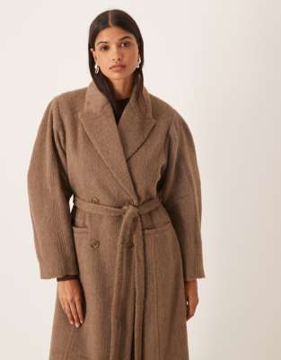 Asos Design Brushed Coat With Dome Sleeve And Skinny Belt In Brown