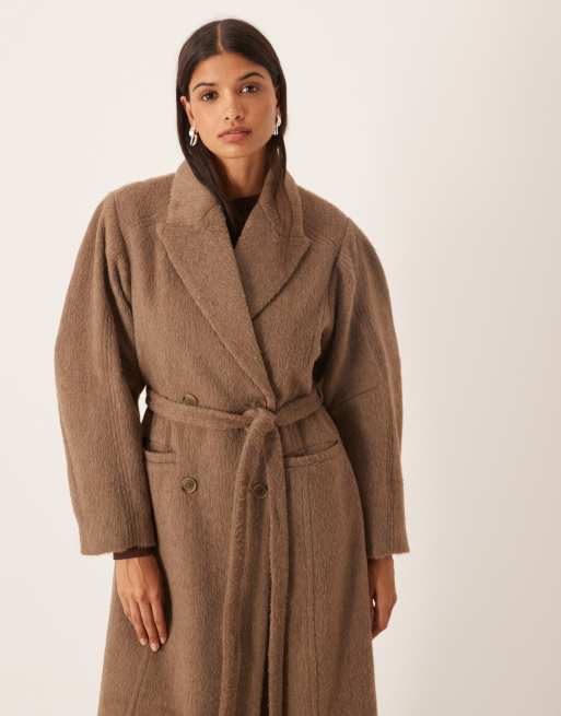 ASOS DESIGN brushed coat with dome sleeve and skinny belt in mushroom