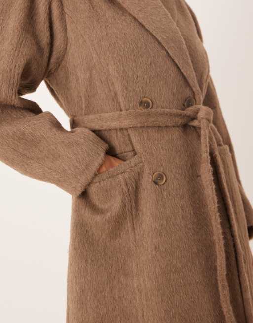 ASOS DESIGN brushed coat with dome sleeve and skinny belt in mushroom, 3 of 4