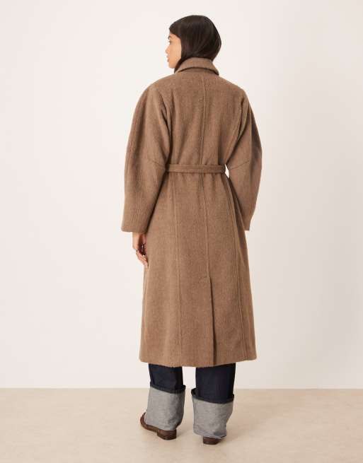 ASOS DESIGN brushed coat with dome sleeve and skinny belt in mushroom