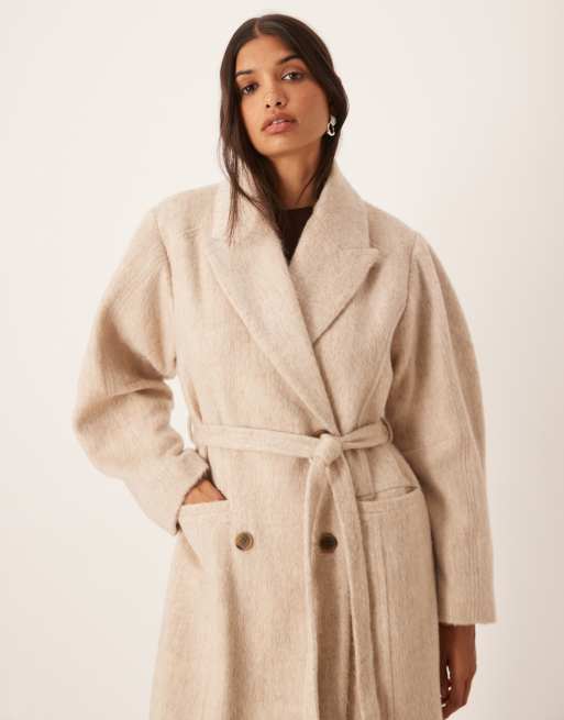 ASOS DESIGN brushed coat with dome sleeve and skinny belt in oatmeal