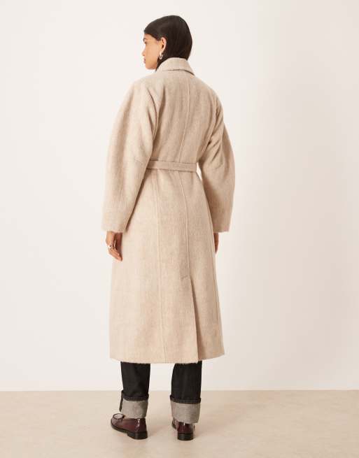 ASOS DESIGN brushed coat with dome sleeve and skinny belt in oatmeal