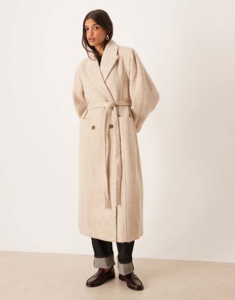 ASOS DESIGN brushed coat with dome sleeves and skinny belt in oatmeal - view 1