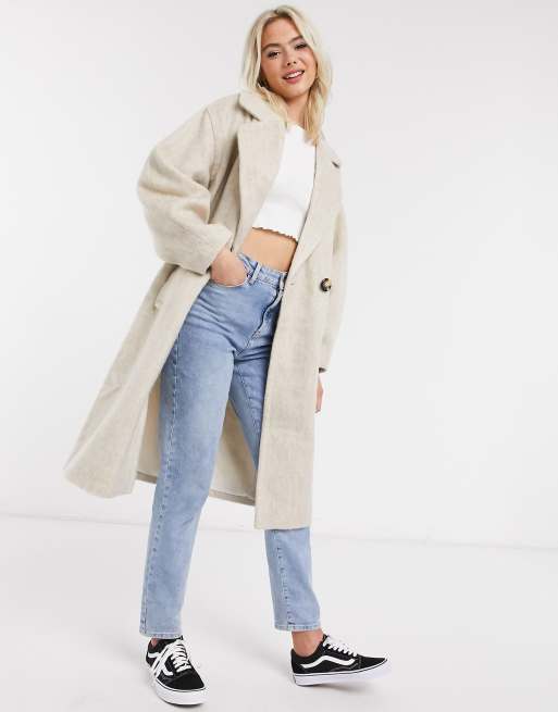 ASOS DESIGN brushed coat with sleeve detail in stone | ASOS