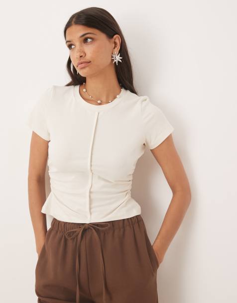 ASOS DESIGN brushed cotton waist detail shrunken tee in cream - view 1