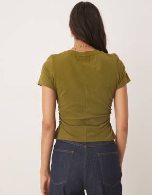 Asos Design Brushed Cotton Waist Detail Shrunken Tee In Green