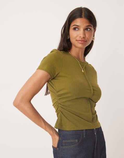 ASOS DESIGN brushed cotton waist detail shrunken tee in khaki - view 1
