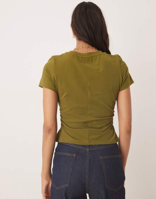 ASOS DESIGN brushed cotton waist detail shrunken tee in khaki, 2 of 4